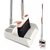 JEHONN Broom and Dustpan Set for Home, Long Handle Lightweight 180 Degree Rotating Broom Set Indoor, Upright Standing Dust Pan with Comb Teeth, Store Sweep Set for Room Kitchen Office (Grey & Red)