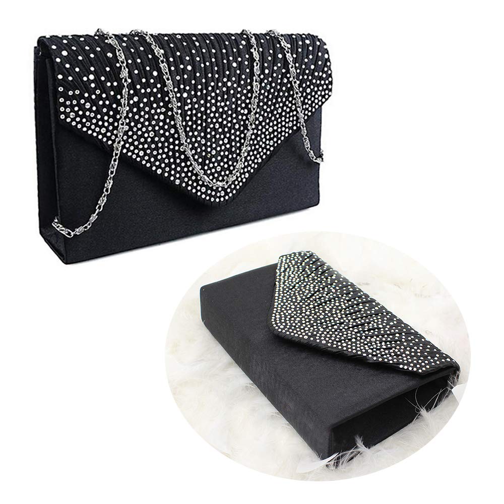 SteelFever Women Diamante Envelope Clutch Bag Evening Handbag Purse Wedding, Bridal, Prom, Party Shoulder Bag (Black)