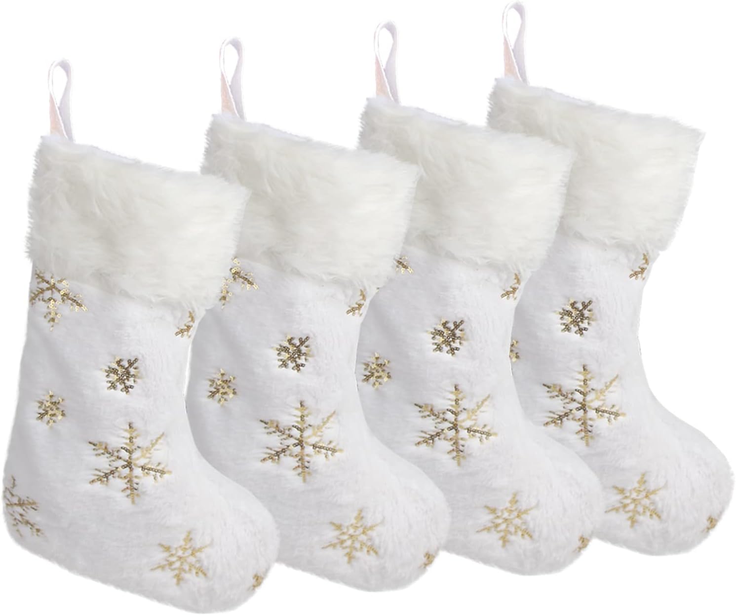 Stockings & Holders - CCINEE 4PCS White Christmas Stockings,18 Inch Large Plush Faux Fur Xmas Stocking with Golden Snowflake Sequin Glitter Snowflake Hanging Stocking for Christmas Tree Wall Fireplace Home Decoration