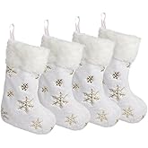 CCINEE 4PCS White Christmas Stockings,18 Inch Large Plush Faux Fur Xmas Stocking with Golden Snowflake Sequin Glitter Snowflake Hanging Stocking for Christmas Tree Wall Fireplace Home Decoration