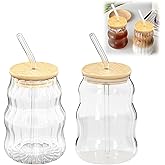 Mzario 2 PCS Ribbed Cute Glass Cups,18 Oz Iced Coffee Glasses with Lids and Straws Iced Coffee Cups Glass