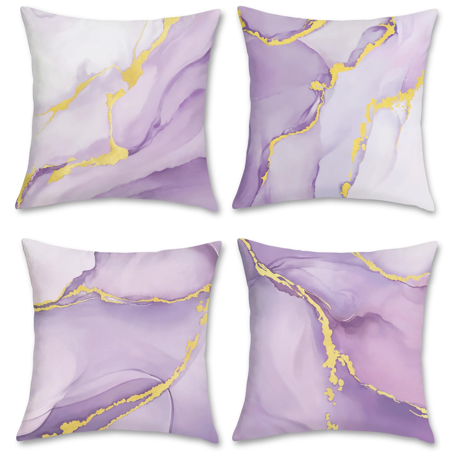 Bonhause Purple Gold Marble Cushion Covers 45 x 45 cm Modern Abstract Marble Texture Decorative Throw Pillow Covers Lilac Pillowcases for Sofa Bed Home Patio Decor Set of 4