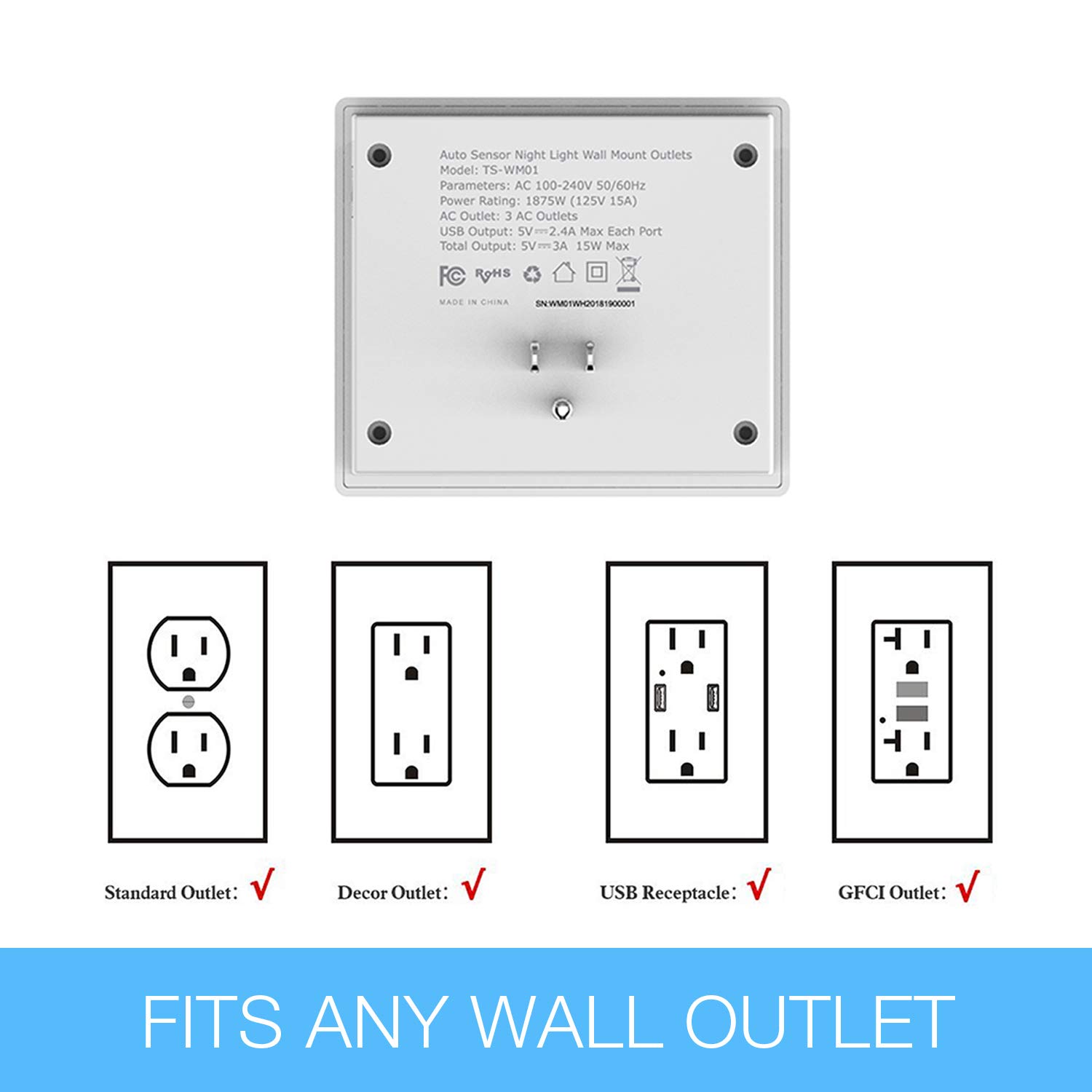 TESSAN Wall Mount 3 AC Outlets with 2 USB + 1 Type-C Port (Total 5A/25W) and Auto Sensor LED Night Light, Fireproof Safety and Fast Charging, Power Rating 1875W