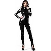 Women's Catsuit Metallic Full Bodysuit Shiny Faux Leather Jumpsuit With Front Zipper Halloween Cosplay Costume