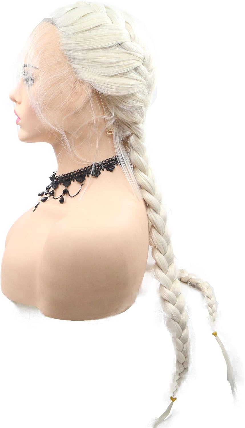 White Blonde Double Braids Synthetic Wigs For Women Handmade Braided All Middle Part Lace Front Wigs With Baby Hair For Drag Queen Makeup Long Heat Resistant 60# Ice Blonde 24" Wigs - Image 4