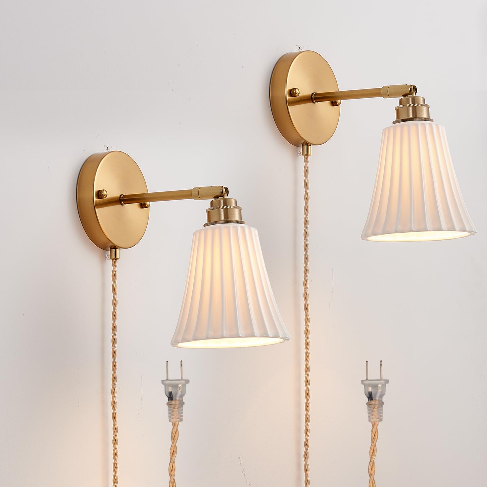 Photo 1 of Fetason Plug in Wall Sconces Set of 2, Modern Ceramic Gold Wall Sconce Light with Switch, Vintage Bedside Wall Lamp Light Fixtures for Living Room Bedroom Kitchen Home Office Hallway
