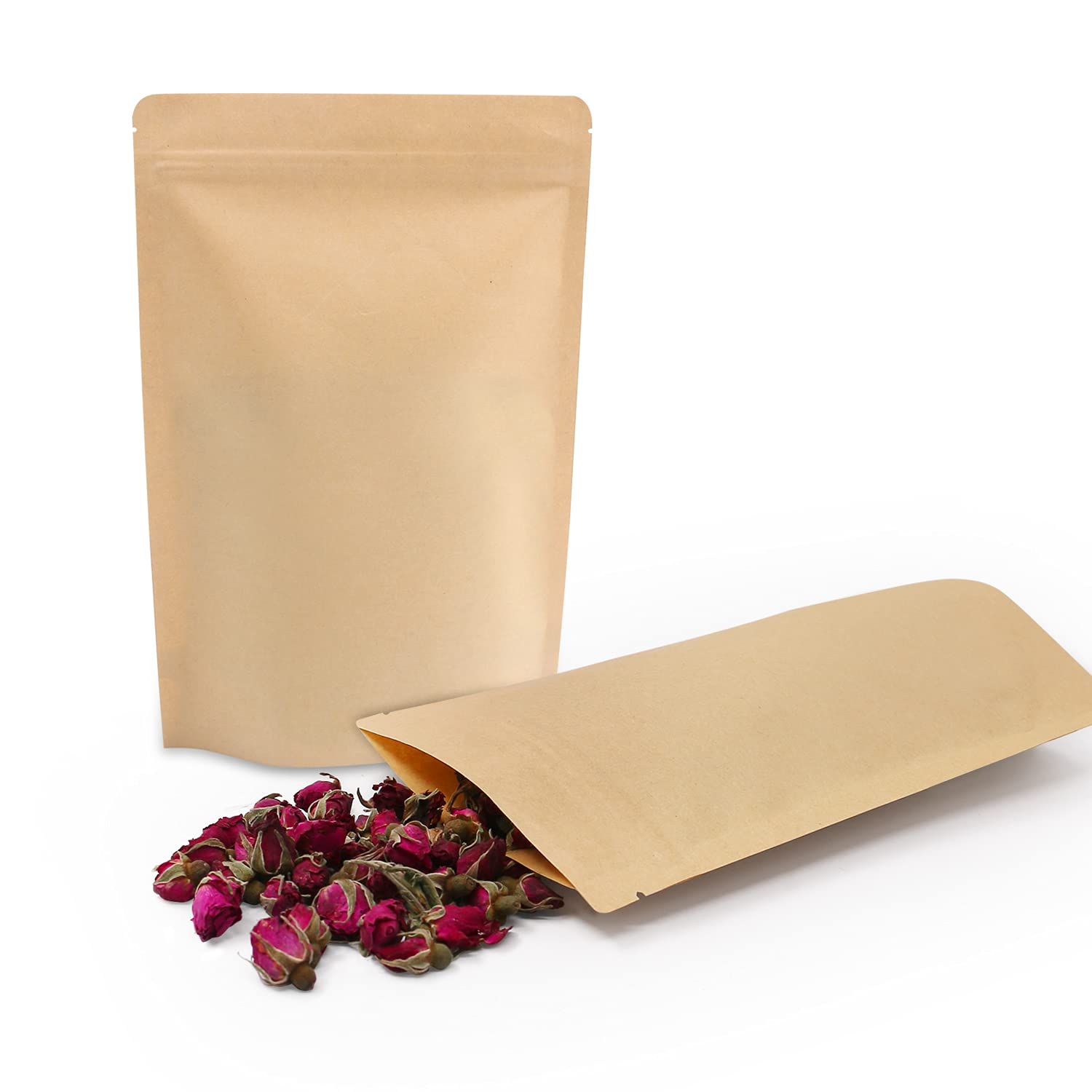 SumDirect 50Pcs 13x21cm Kraft Stand Up Food Bags, Zipper Reusable Packing Pouches Foil Lined with Tear Notch Thicken Heat Sealable, for Storing, Cookie, Snack Tea and Drinking