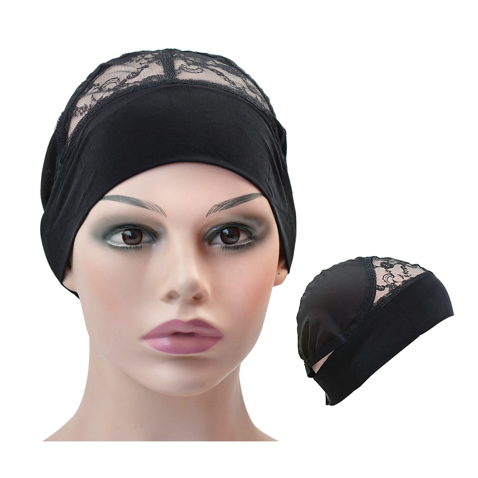 Lace Mesh Wig Caps with Headband Grip Cap Adjustable Elastic Band for Making Wigs (Black)