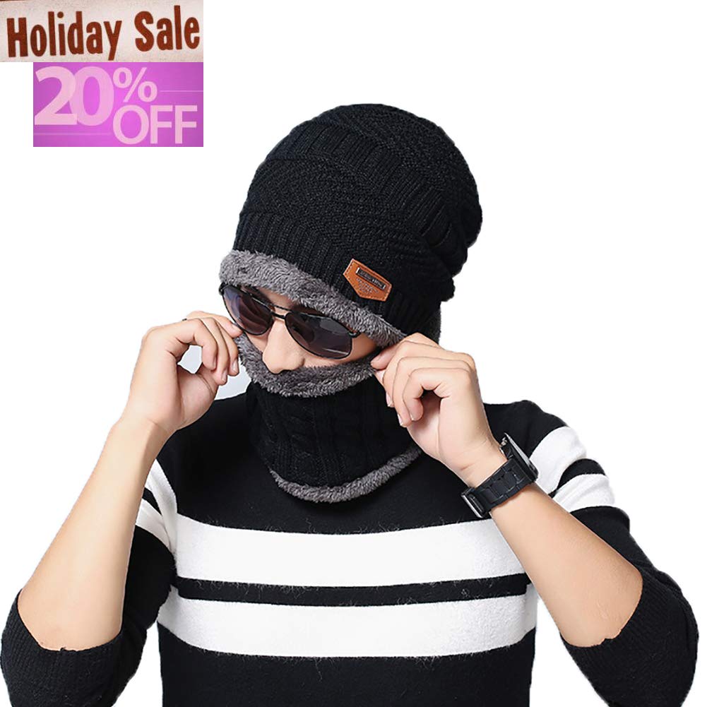 Blevla 2-Pieces Winter Beanie Hat Scarf Set Warm Knit Hat Thick Knit Skull Cap For Men Women Black