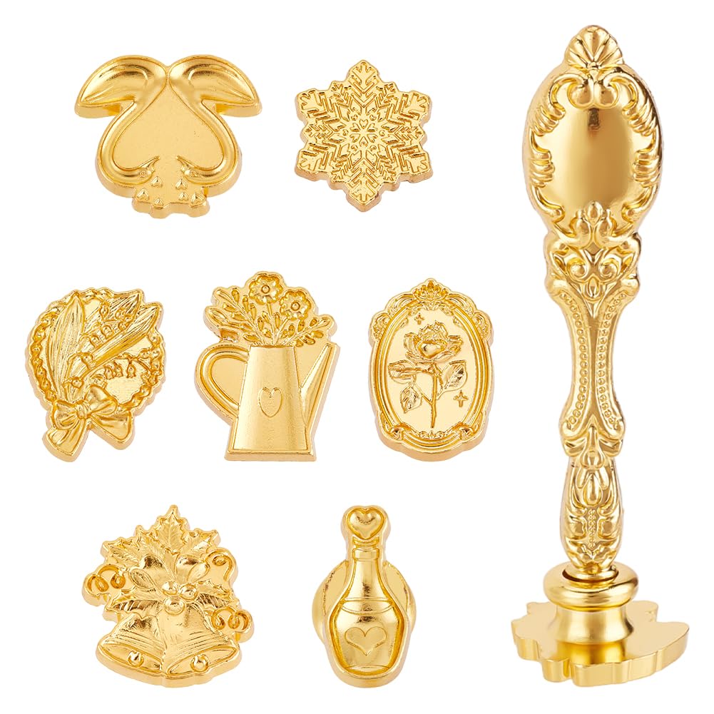 CRASPIRE 8Pcs/Box Christmas Wax Seal Stamp Set Wedding 7 Styles Sealing Stamp Heads 1pc Metal Handle Gold Removable Vintage Baroque Bell Snowflake Flower Kits for Card Envelopes Invitations Decor DIY
