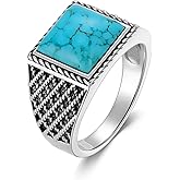 DOLIOX 925 Sterling Silver Genuine Turquoise Rings for Men Square Real Natural Gemstone with Plaid Texture Native American Style Jewelry