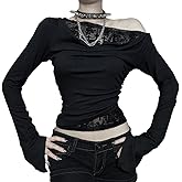 Women's Off Shoulder Goth Crop Top Mesh Patchwork Long Sleeve Blouses Black Gothic T Shirts Slim Boat Neck Y2k Outfits