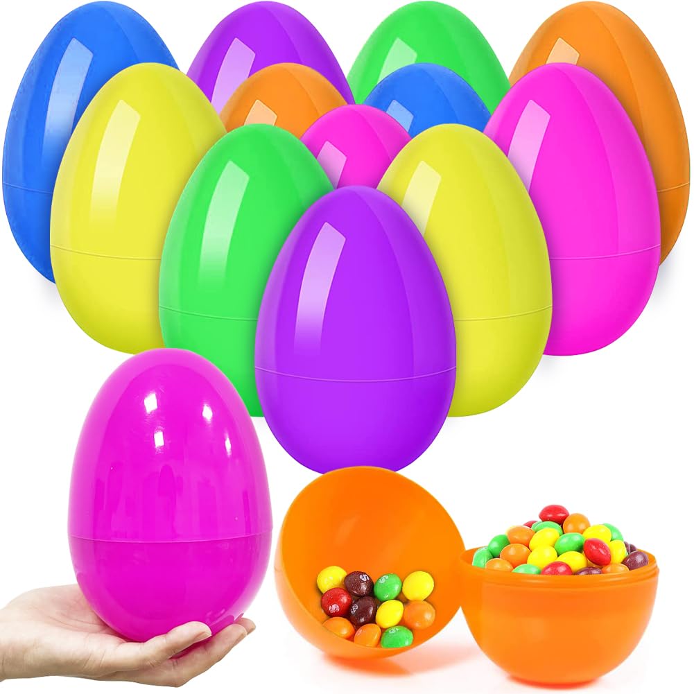 12Pcs Jumbo Easter Eggs, 6" Giant Empty Large Plastic Eggs Colorful Bright Eggs for Easter Basket Stuffers/Fillers, Party Favor