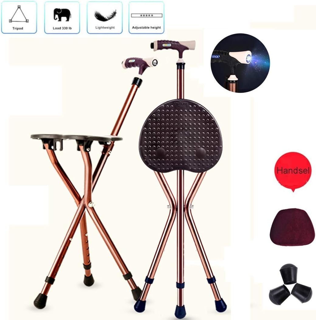 Trjyr Walker- Adjustable Folding Lightweight Walking Stick Cane with Massage Seat and LED Light for Seniors Disabled, Fishing Rest Stool Mobility Daily Living Aids Equipment Crutches