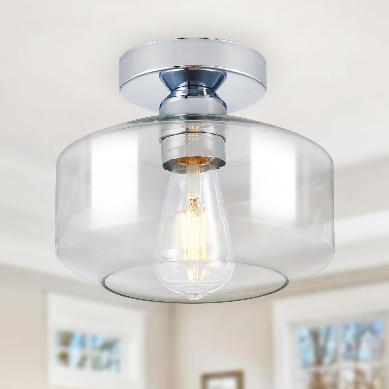 Photo 1 of Industrial Semi Flush Mount Ceiling Light: Chrome Kitchen Lighting Fixtures Ceiling with Clear Glass - Vintage Hallway Light Fixtures E26 Bulb Included - 8.46” Light Fixtures Ceiling Mount for Foyer