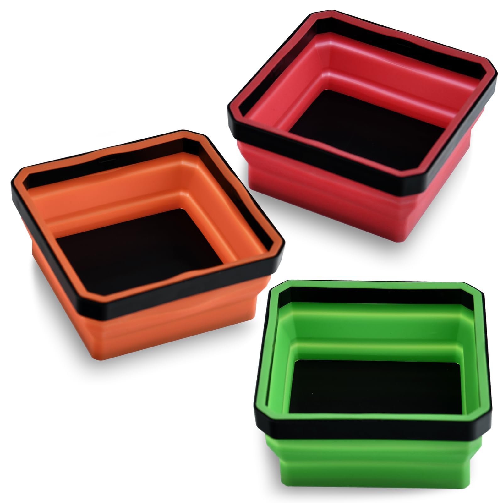 LEONTOOL 3 Pack Collapsible Magnetic Parts Tray Set, Silicone Magnetic Tool Trays, Foldable Magnetic Parts Holder for Bolt Screw Nut & Small Metal Parts, 4.5" Square Small Magnetic Tray for Mechanics