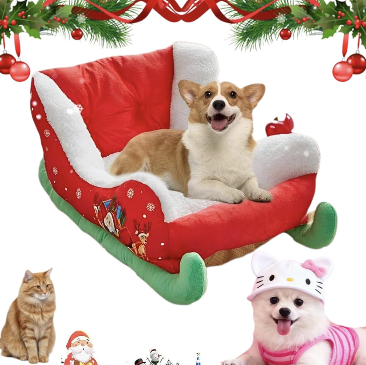 Photo 1 of *MINOR DAMAGE** 2025 New Christmas Sleigh Dog Bed for Small and Medium-Sized,Santa Themed Pet Sleigh Sofa Bed,Holiday Christmas Themed Indoor Outdoor Washable Durable,Interesting Red Cat and Dog Bed 24.8×15×11in