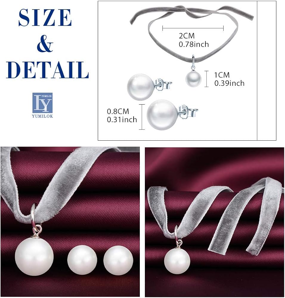Yumilok Pearl Jewellery Set for Women Stud Earrings Choker Necklace Set, White - Image 3