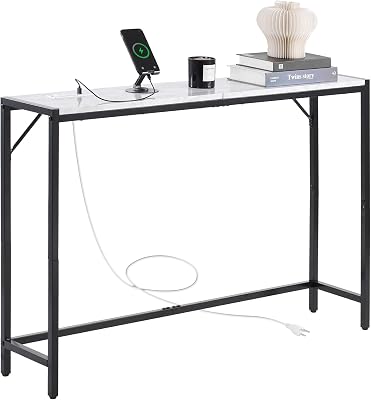 Tavolo Consolle in Marmo 110 x 23,9 x 74,2 cm Tavolino da Corridoio Ingresso Stretto e Lungo con Presa di Corrente, con Tubi in Ferro e Supporto Triangolare per Soggiorno, Corridoio, Ingresso