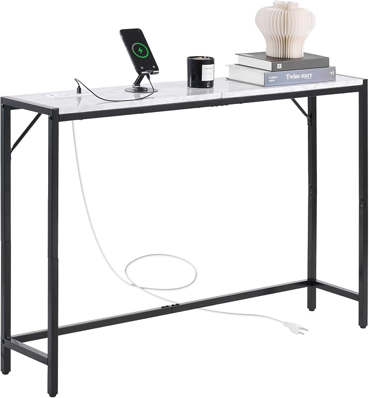 Tavolo Consolle in Marmo 110 x 23,9 x 74,2 cm Tavolino da Corridoio Ingresso Stretto e Lungo con Presa di Corrente, con Tubi in Ferro e Supporto Triangolare per Soggiorno, Corridoio, Ingresso