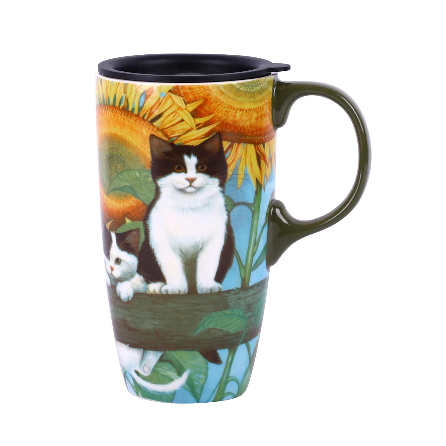 Topadorn Ceramic Coffee Cup 17oz Travel Mug Porcelain Latte Tea Cup with Lid, Microwave & Dishwasher Safe Coffee Tumbler, Cat