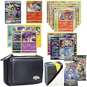 Image of Totem World Pokemon Cards GX Lot with Card Carrying Case, 1 Pokemon GX Card Guaranteed, Plus 1 Pokemon Card Case, 2 Booster Pack, 5 Rares, 5 Holos, 20 Regular Pokemon Cards, and 1 Deck Box - Black