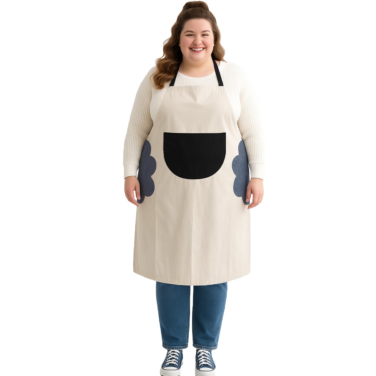 Urby Kitchen Cooking Aprons for Women with Pockets Plus Size with Hand Wiper Round Pockets,Ideal For XL XXL or Waist W38+. Extra Large and Long. Use As Full Coverage apron(Cream)