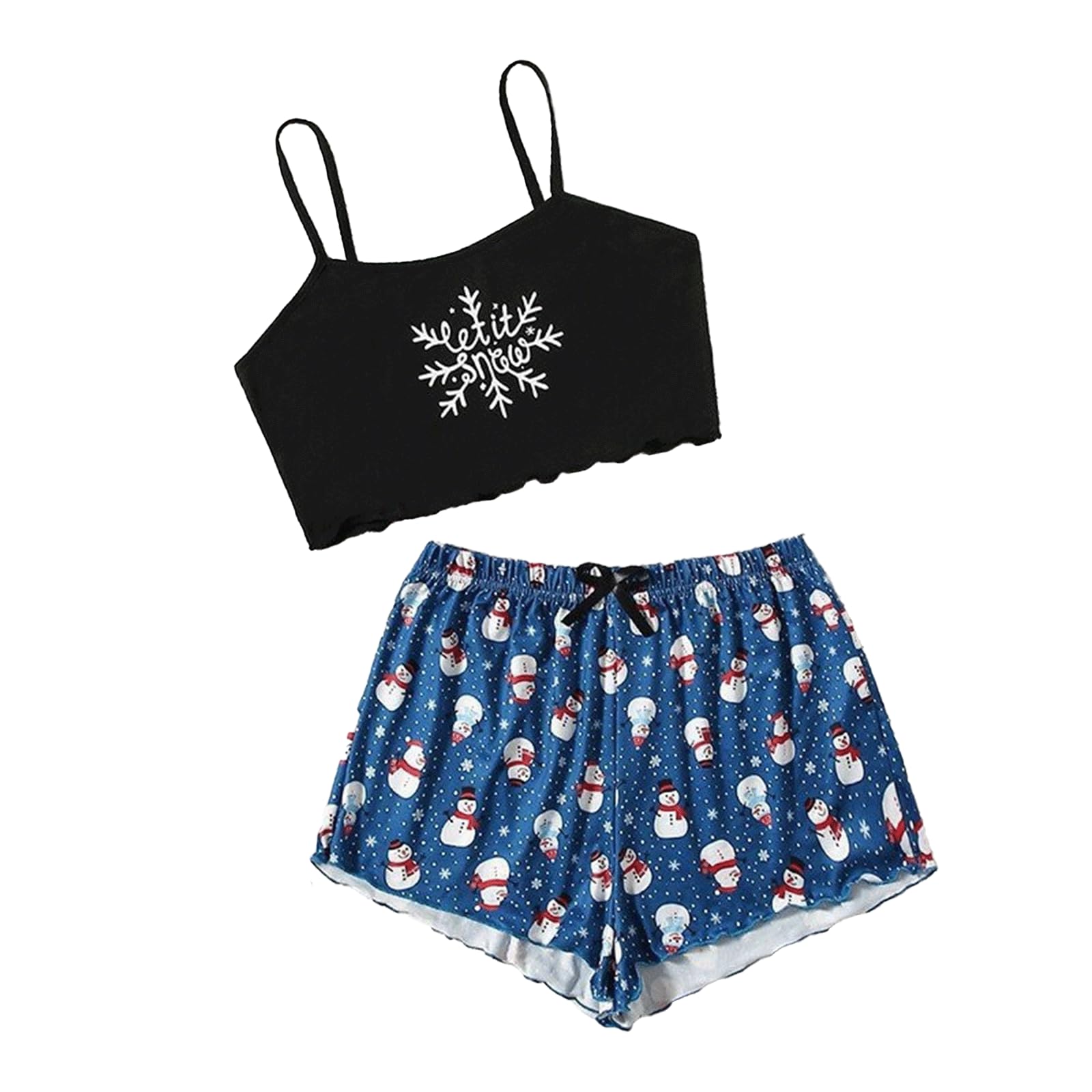 View 1 of ***SIZE SAYS LARGE BUT THESE ARE VERY SMALL***LOTUSTAR Christmas Pjs for Women Crop Tops Pj Set with Shorts Round Neck Cute Pajama Sets (Black+Blue-Snow,L,Large)***SIZE SAYS LARGE BUT THESE ARE VERY SMALL***