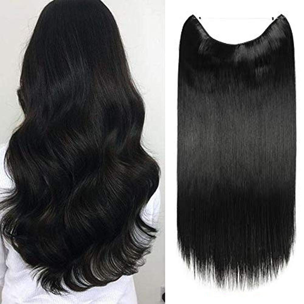 Silk-co 16in Wire in Hair Extensions Black One Piece Hairpiece Sythetic Hidden Elastic Long Straight Half Head — image 1