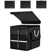 Fkewp Car Trunk Organizer with Lid, 28L Waterproof Oxford Fabric Auto Trunk Cargo Storage Box w/Aluminium Alloy Handle, Collapsible 2-Compartment Storage Organizer for RV SUV Truck (Black)