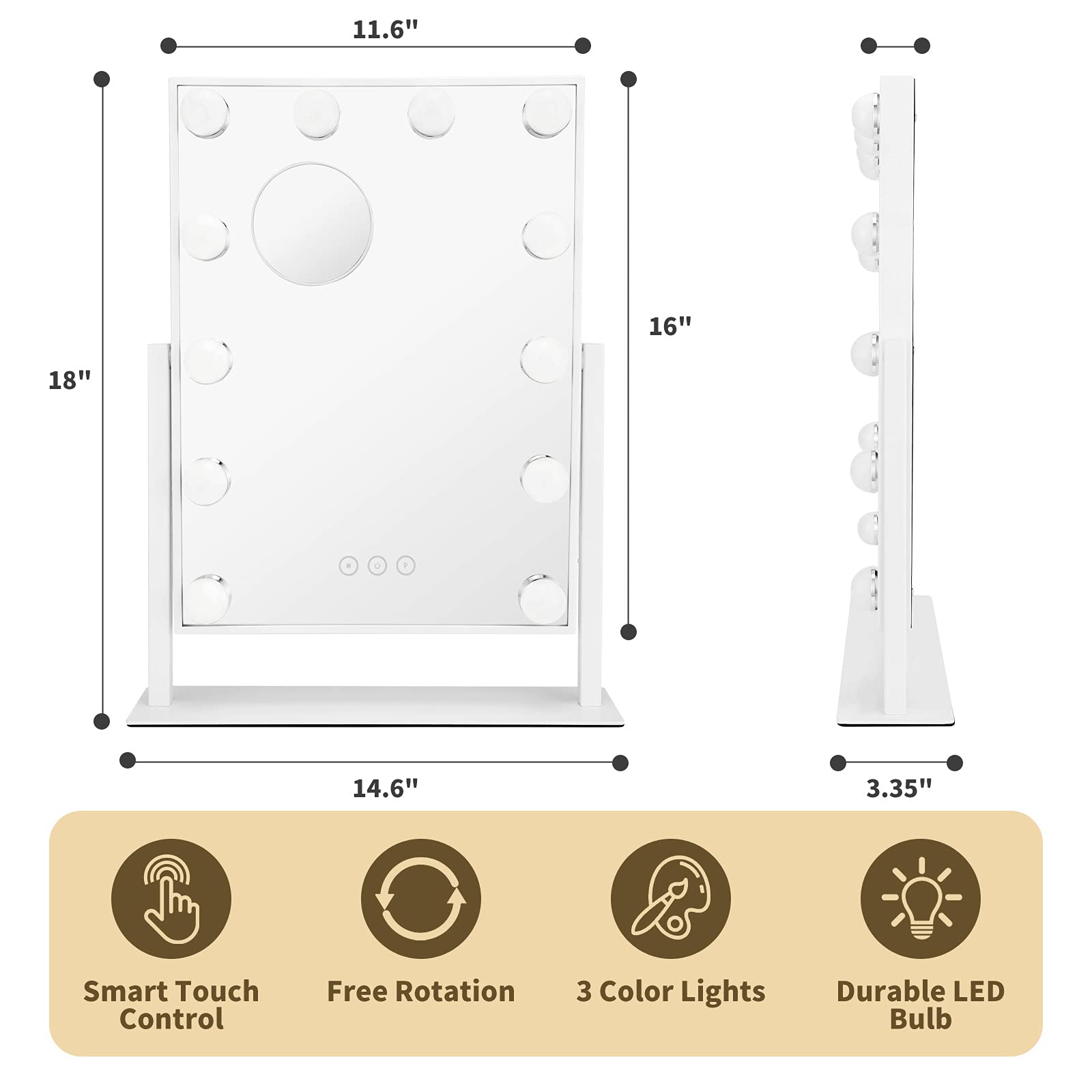 Vanity Mirror with Lights,Lighted Vanity Mirror with 12 Dimmable Bulbs for Dressing Room & Bedroom,3 Color Lighting,Modes Detachable 10x Magnification 360°Ratation