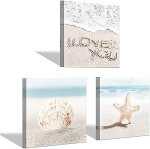 Beach Wall Art Canvas Prints - Set of 3 Nautical Decorations Ocean Starfish Seashell Pictures for Bedroom & Bathroom Decor (12’’x12’’x3)