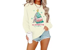 UNIQUEONE Merry Christmas Sweatshirt for Women Drop Shoulder Long Sleeve Christmas Tree Pullover Lightweight Shirt Grey