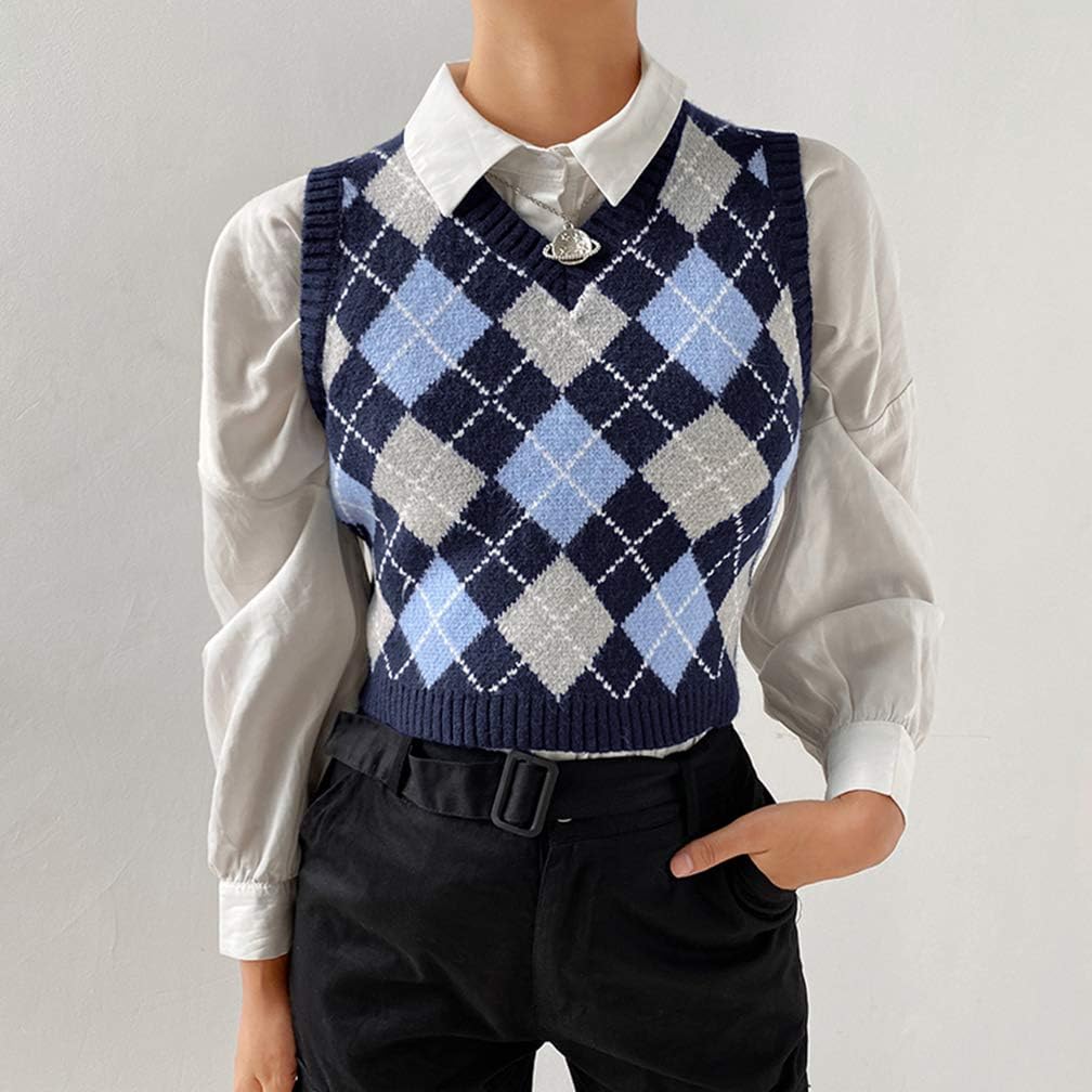 Grneric Women Argyle Preppy Style Sweater Vest Sleeveless V Neck Knitwear Knit Tank Top at  Women’s Clothing store