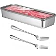 ANMOFLY Bacon Container for Refrigerator,Bacon Keeper 304 Stainless Steel Airtight Deli Meat Storage Containers for Fridge, 1PC Long Kitchen Food Storage Container with Lid and 2PCS Forks