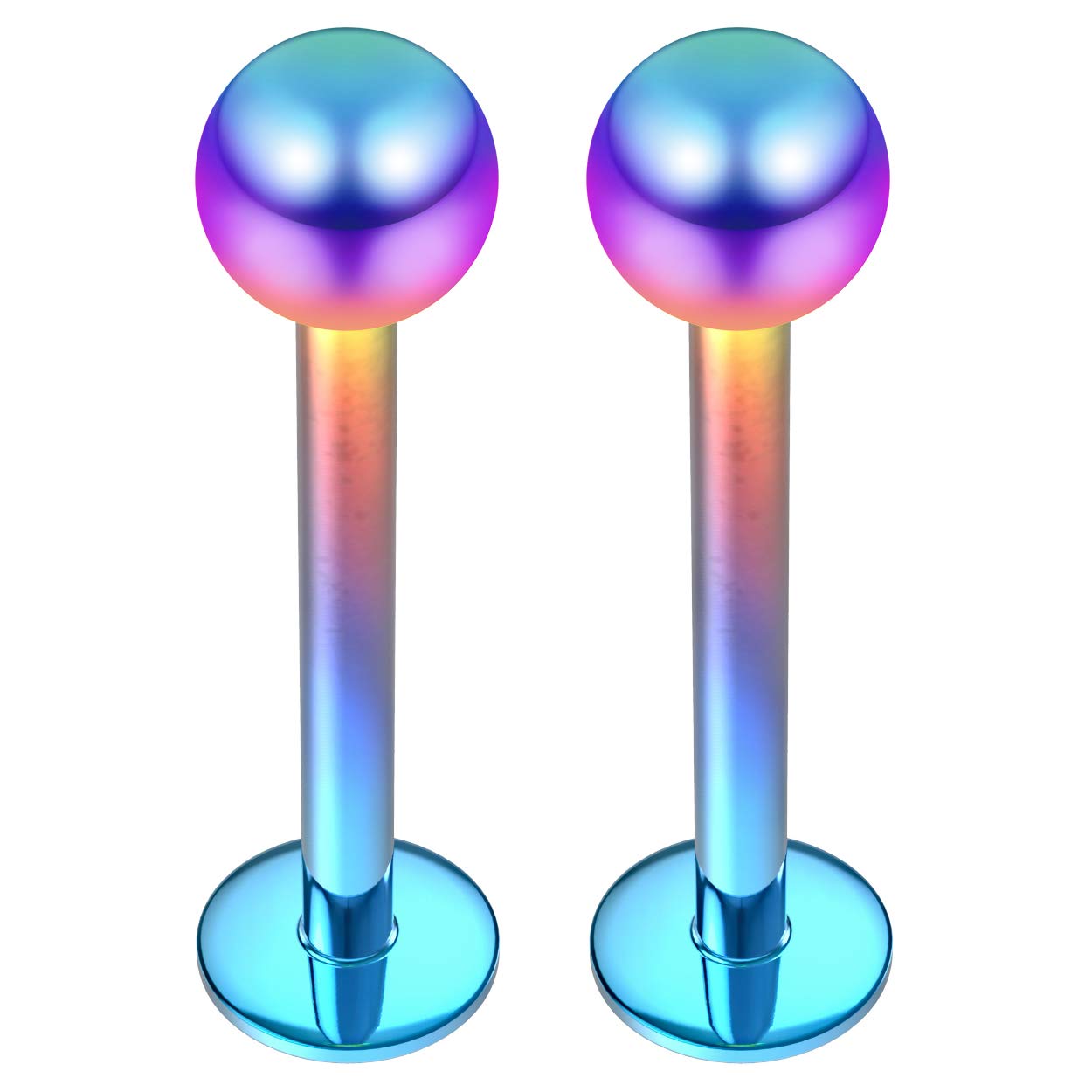 2pc 1.2mm 16g Labret Bar Studs Lip Ring Monroe Tragus Snake Spider Bites Forward Helix Cartilage Dahlia Conch Anodized Surgical Steel 4mm Ball RainbowPiercing - 10mm