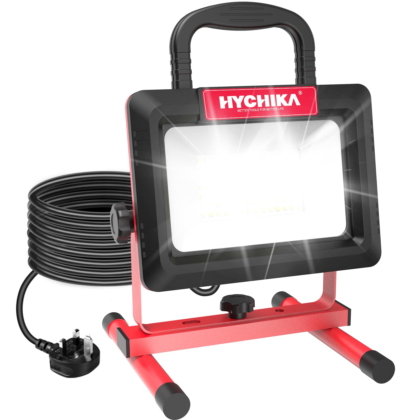 HYCHIKA LED Work Light, 100W 12000LM Construction Light, IP65 Waterproof Job Site Lights, 6500K Daylight White with Foldable Stand, 2m Cable for Workshop Garage Camping Garden