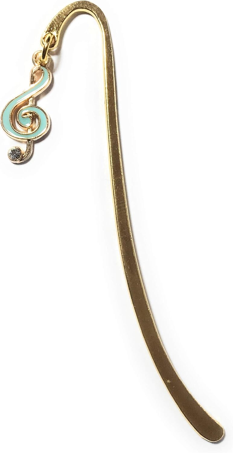 FizzyButton Gifts Gold Tone mini Bookmark with Treble Clef Shaped Charm with Turquoise Enamel and Rhinestone Detail, in Gift Bag