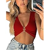 AEVZIV Sexy Crop Tops for Women Sleeveless Deep V Neck Workout Tops Plunge Ring Cleavage Cropped Tank Top