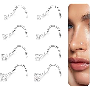 Turandoss 8Pcs Nose Rings Studs for Women Corkscrew L Shaped | 18K Gold Plated Nose Stud Set, 316L Surgical Stainless Steel,