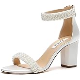 Winflag Block Heel Wedding Sandals Pearl Heels Open Toe Wedding Shoes for Bride Bridal Shoes