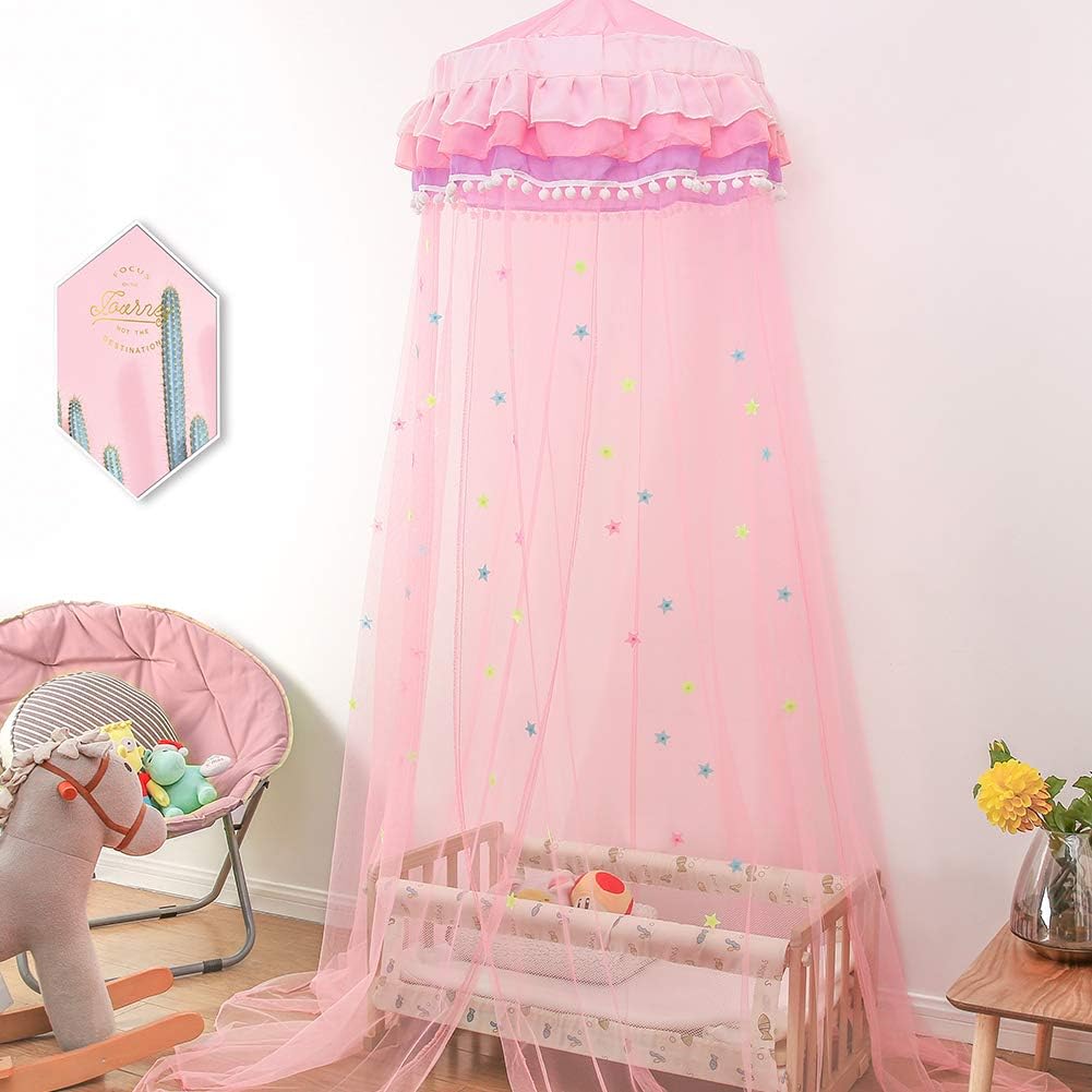 Twinkle Star Princess Bed Canopy with Ruffle Lace for Baby, Girls, Bonus Nightlight Star (Pink)