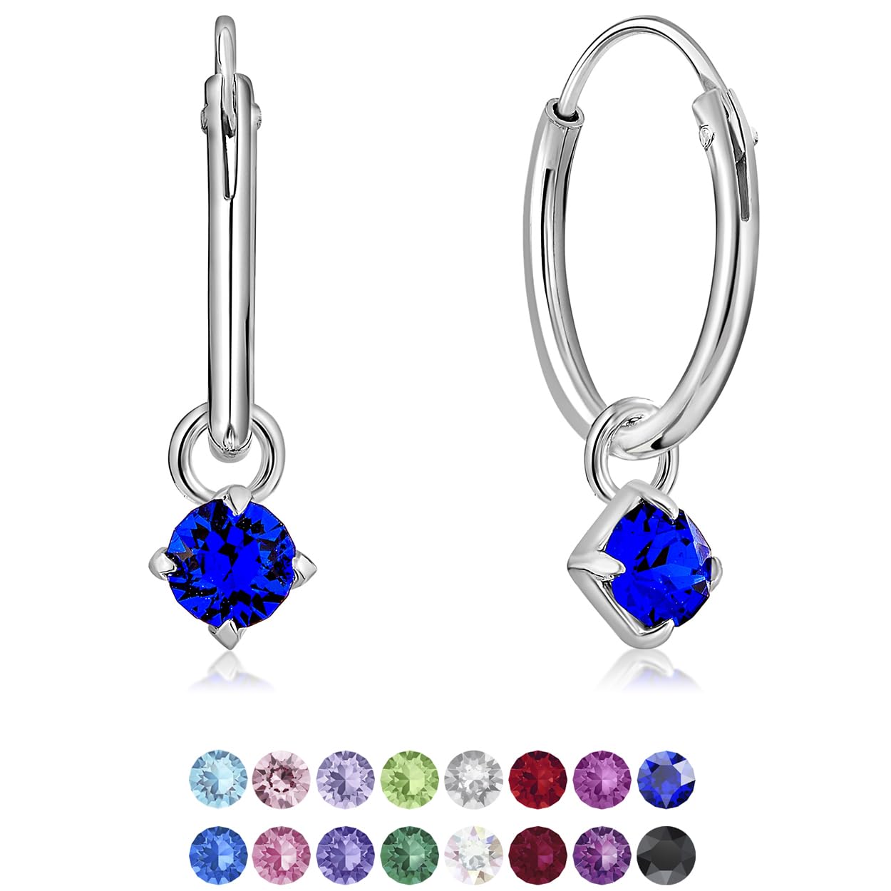 925 Sterling Silver Small Hoops Earrings with Dangling Heart in Glittering Crystals 3 mm - Heart Earrings with Blue Crystal - Thickness 1.5 mm - Diameter: 14 mm