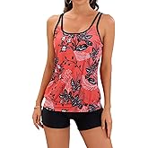 B2prity Tankini Swimsuit Tummy Control Blouson Two Piece Bathing Suit for Women Tank Top with High Waist Boy Shorts Swimwear