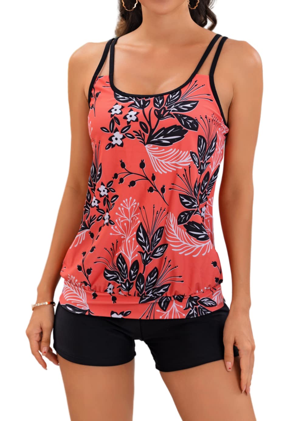 Photo 1 of B2prity Tankini Bathing Suits for Women Tummy Control Two Piece Swimsuits Blouson Floral Print Swim Tank Top with Boy Shorts