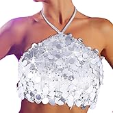 Zoestar Sequin Rave Top - Silver One Size - Party Bra Top - Wire Free Halter - Medium Support - Sequin and Tassel Decoration