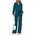 PRETTYGARDEN Women's 2 Piece Outfits Casual Lapel Half Zip Sweatshirts And Wide Leg Pants Tracksuit Sets