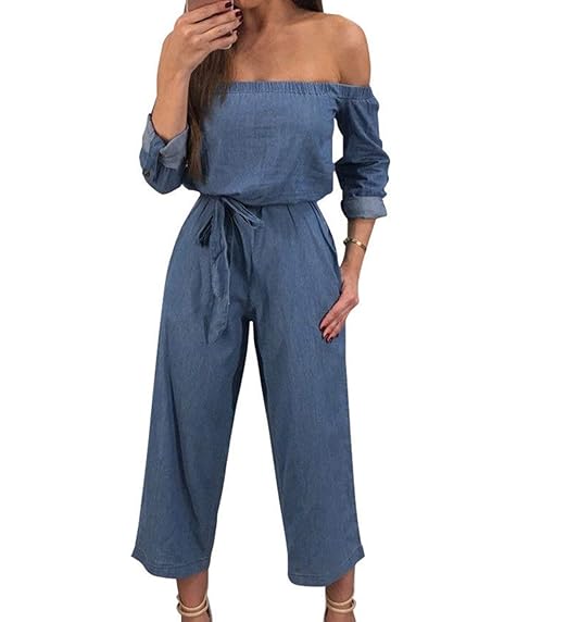 off shoulder denim jumpsuit