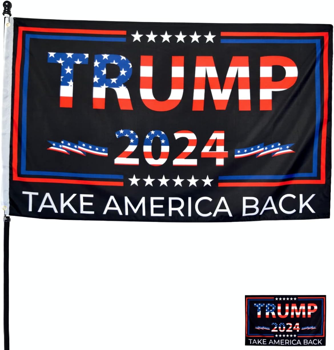 Flags - Double-Sided Trump 2024 Flag - Take America Back - 3x5 Foot Indoor Outdoor Decoration Banner with a FREE Sticker - 1 Ply With Vivid Patriotic Colors and 2 Brass Grommets (1 ply/mirror sided)
