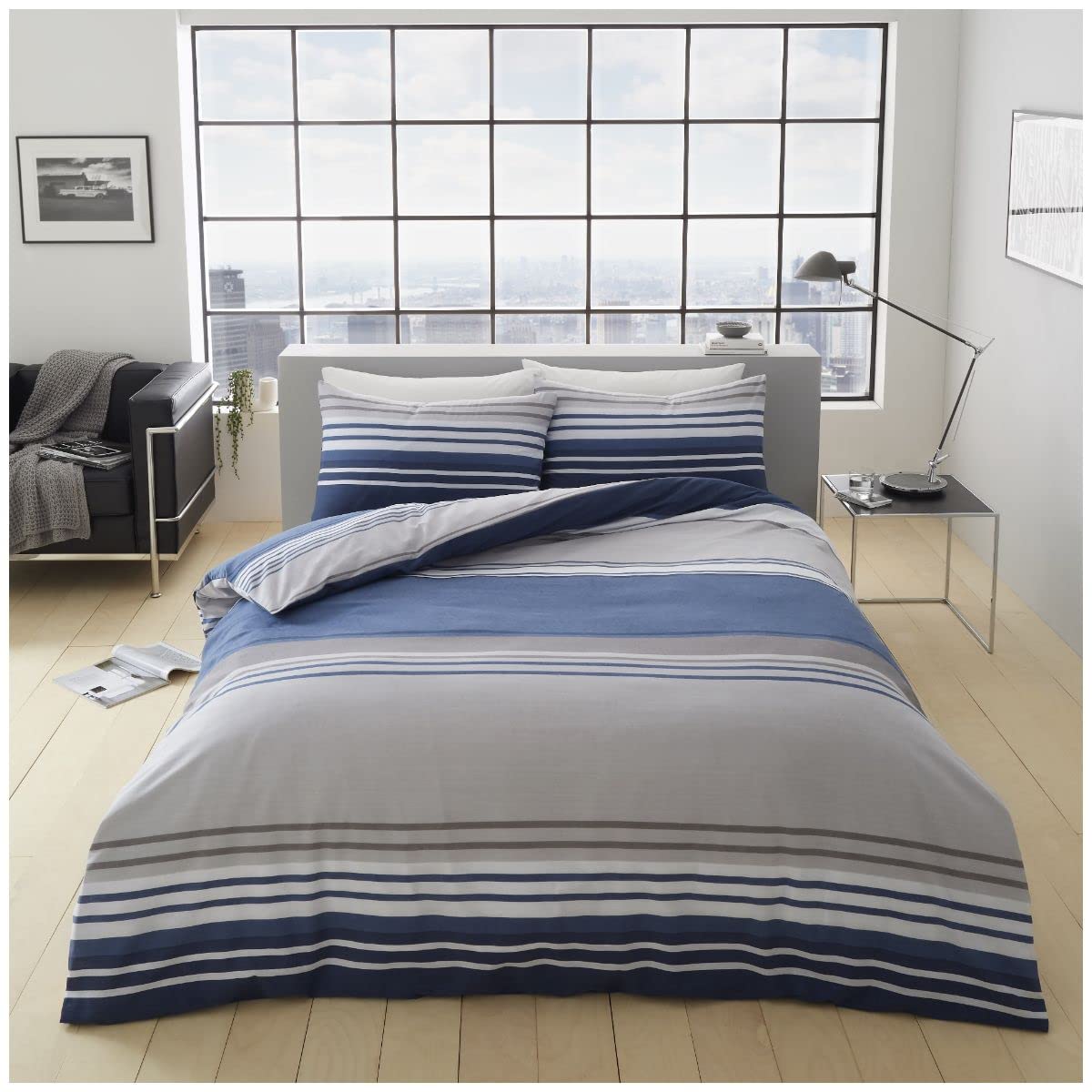 GC GAVENO CAVAILIA Luxury Striped Duvet Cover Double, Polycotton Bedding Sets With Pillowcases, Warm Bed Covers, Blue (685005)
